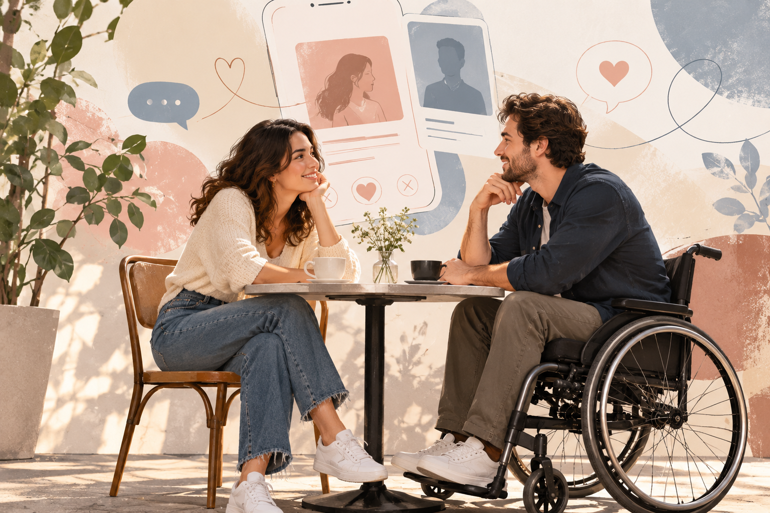 A couple on a date, including a man in a wheelchair, with dating app profiles and communication symbols in the background.