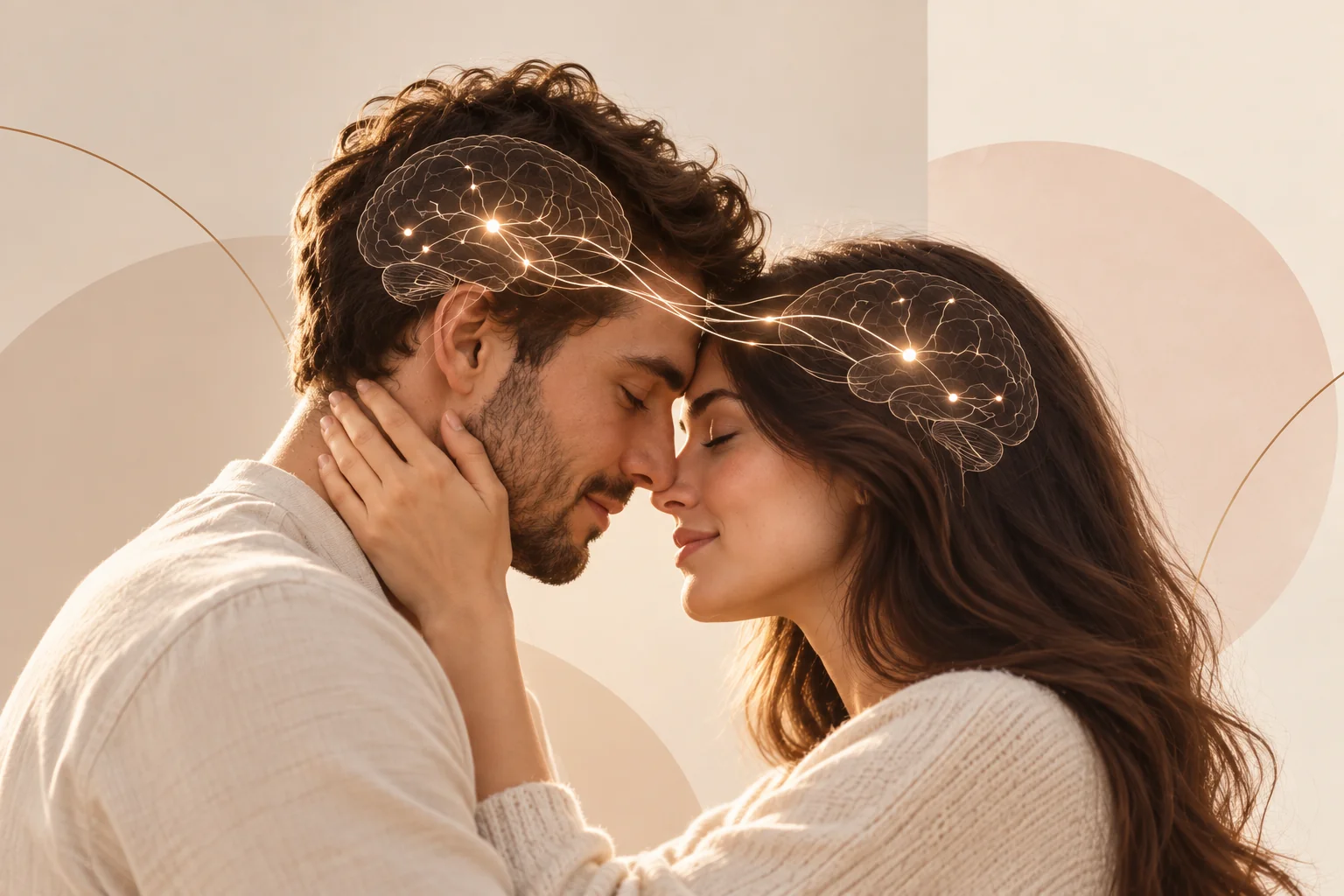A couple sharing an intimate moment, with glowing neural connections illustrating the neuroscience of emotional bonding.