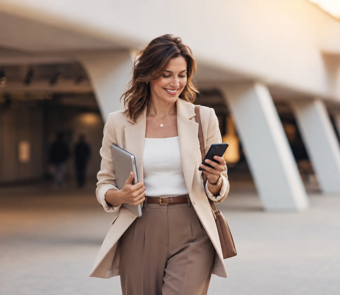 Professional matchmaker in New Zealand checking her phone on her way to a client session.